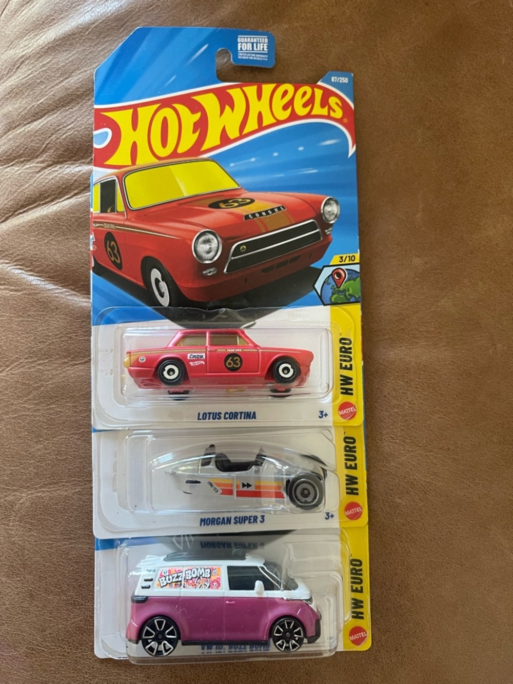 3 Hot Wheels Euro Series, Lotus Cortina, Morgan Super 3 and VW ID Buzz Bomb